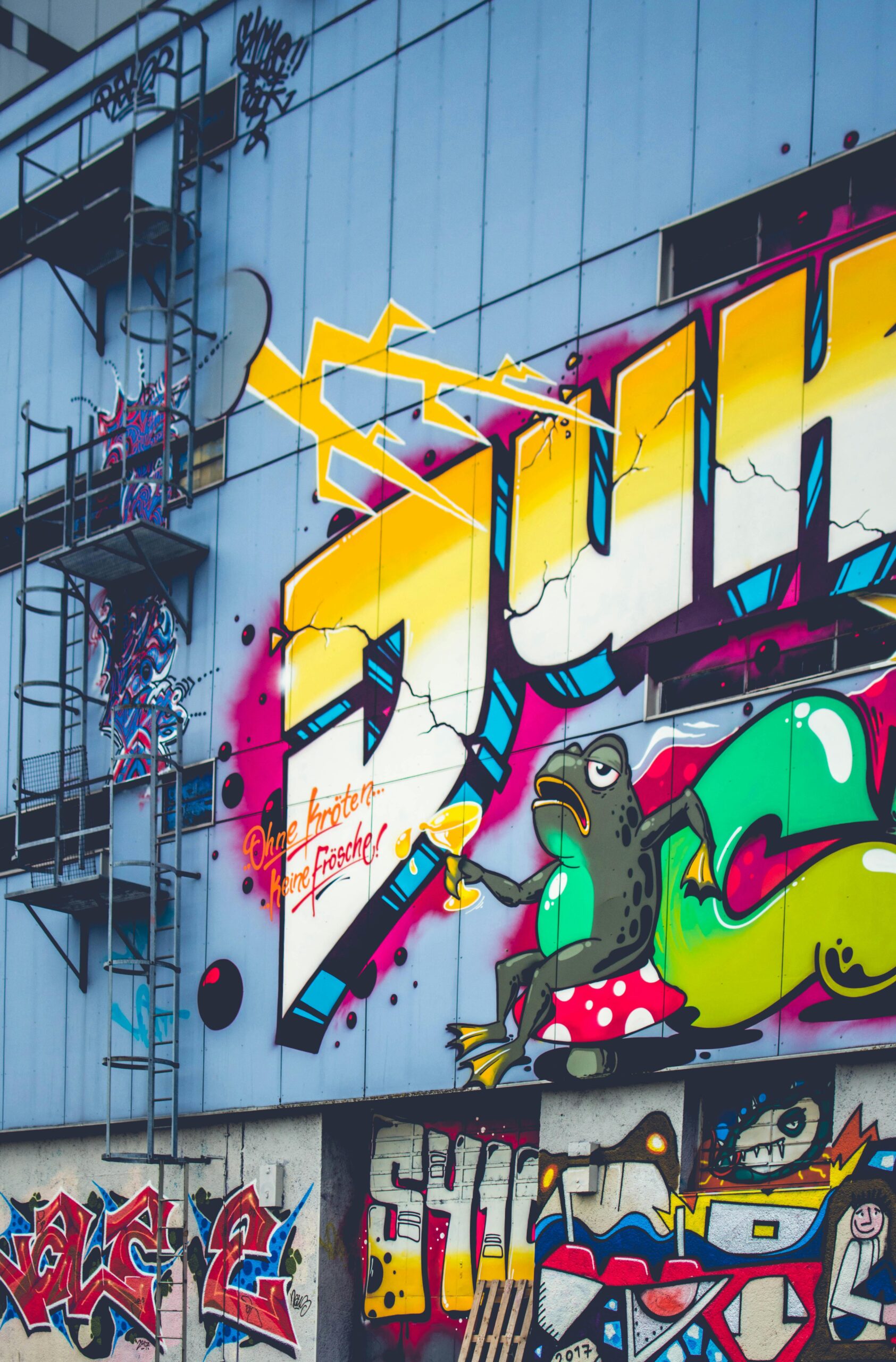 Colorful graffiti mural featuring bold text and frog on urban building wall.